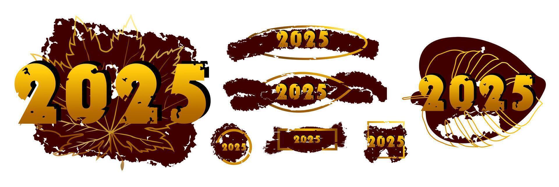 2025 gold sketch set. Red watercolor brush strokes and geometric borders and gold leaves, ideal for New Year, graduation party decorations, prints, invitations, labels. vector