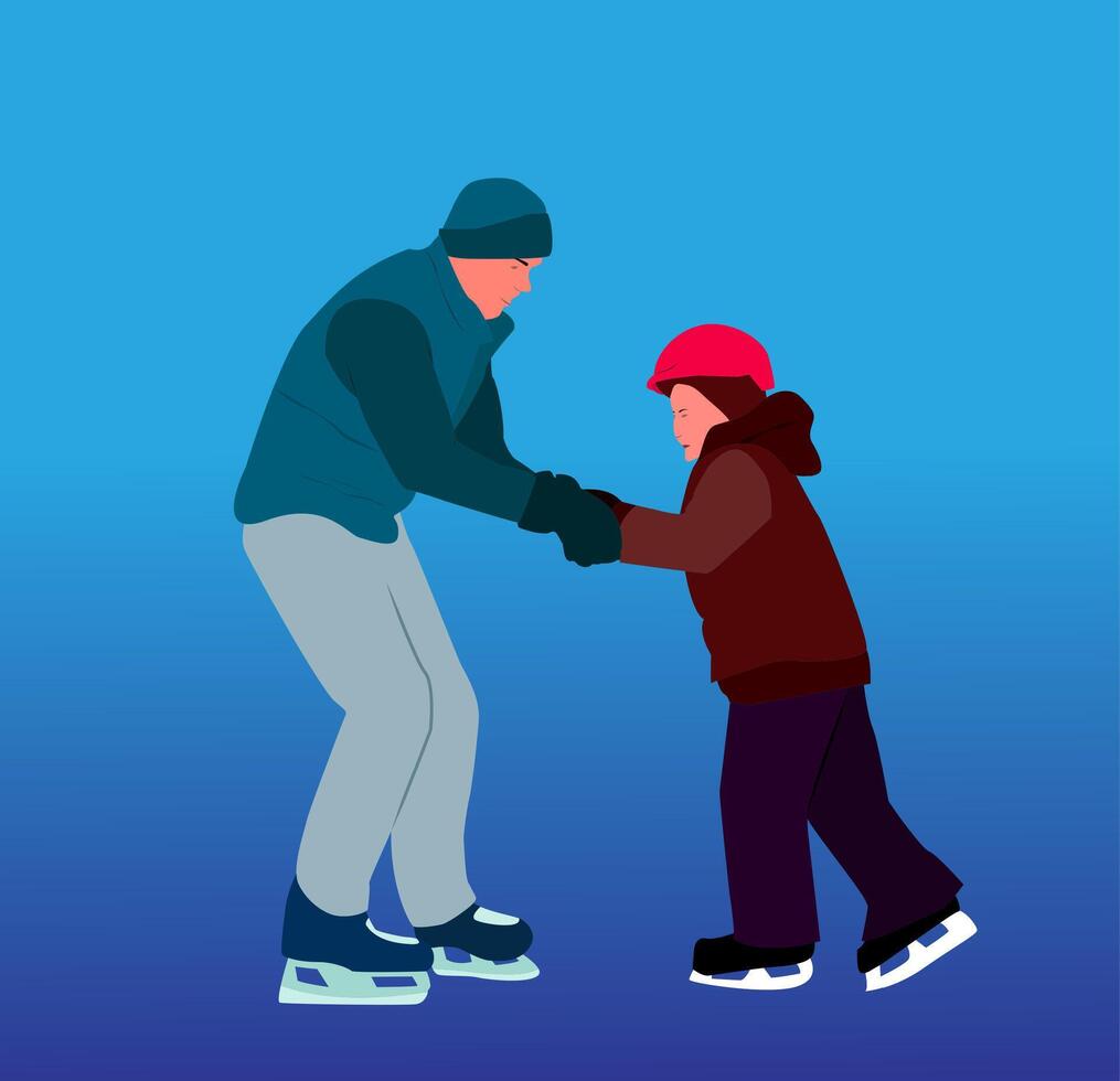 illustration design of father training his son to play ice skating, blue gradient background, isolated on white background vector