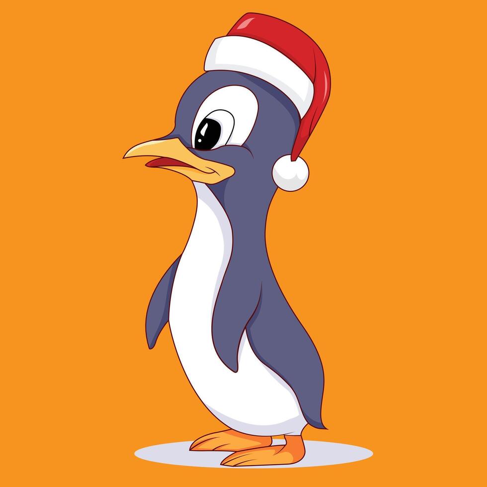 A cartoon penguin wearing a santa hat on an orange background vector