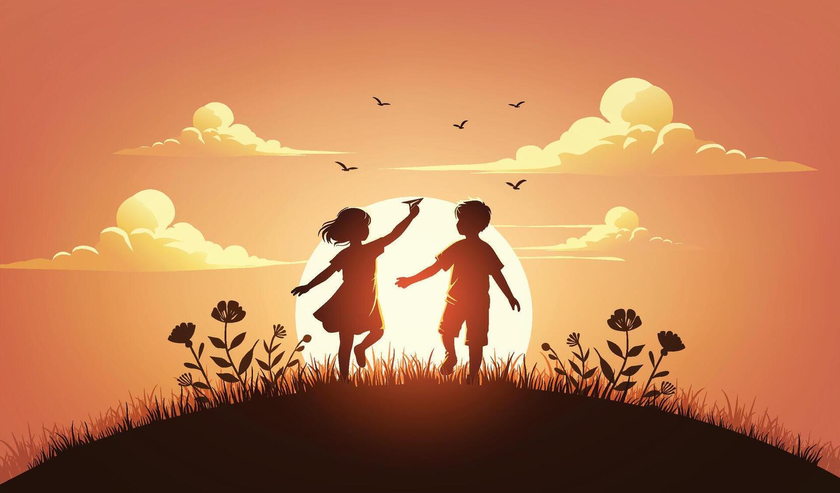 Childhood Joy at Sunset vector