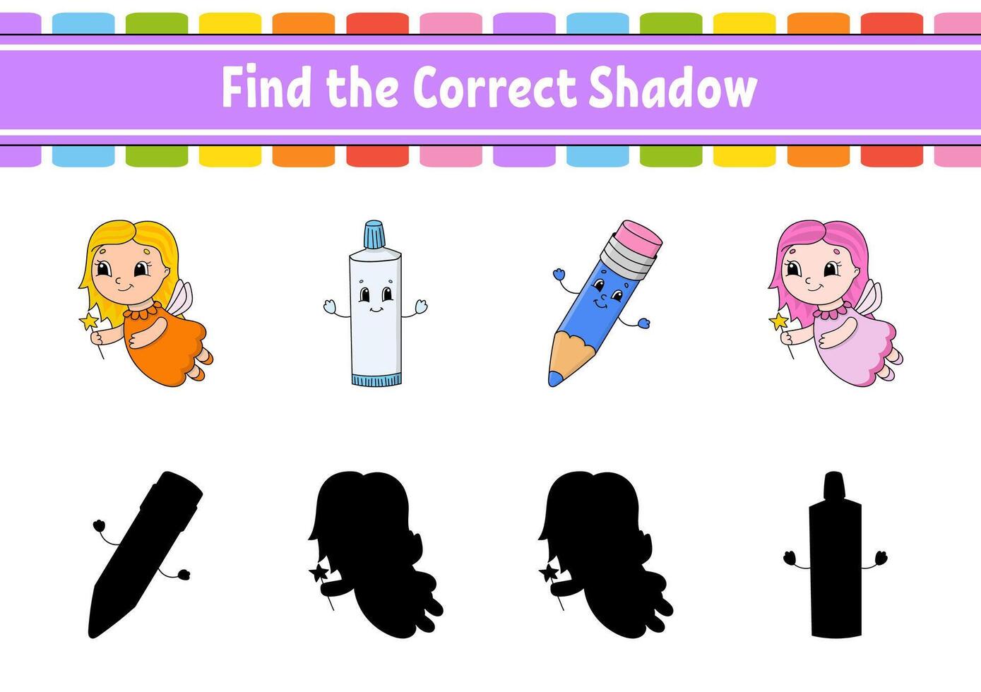 Find the correct shadow. Education developing worksheet. Matching game for kids. Color activity page. Puzzle for children. Cute character. illustration. vector