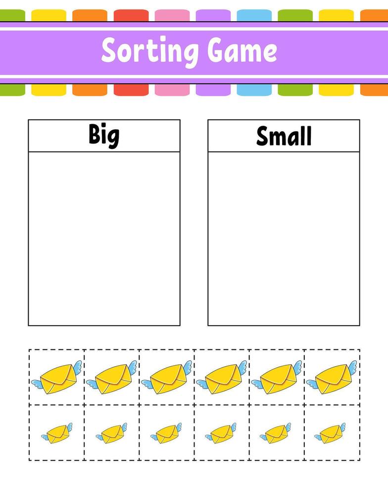 Sorting game for children. Happy characters. Big and small. Education worksheet. illustration. vector