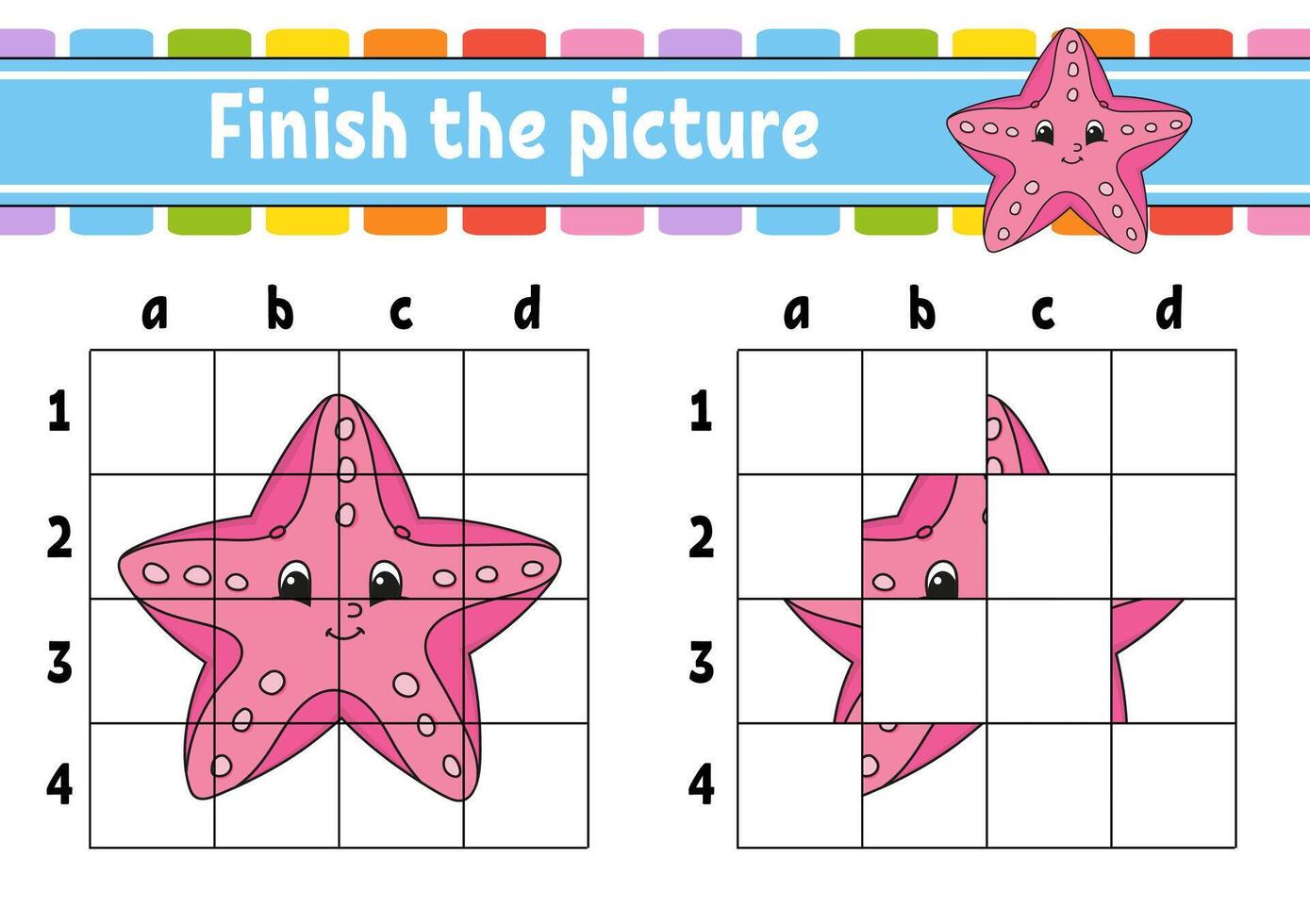 Finish the picture. Education developing worksheet. Game for children. Handwriting practice. cartoon character. illustration. vector