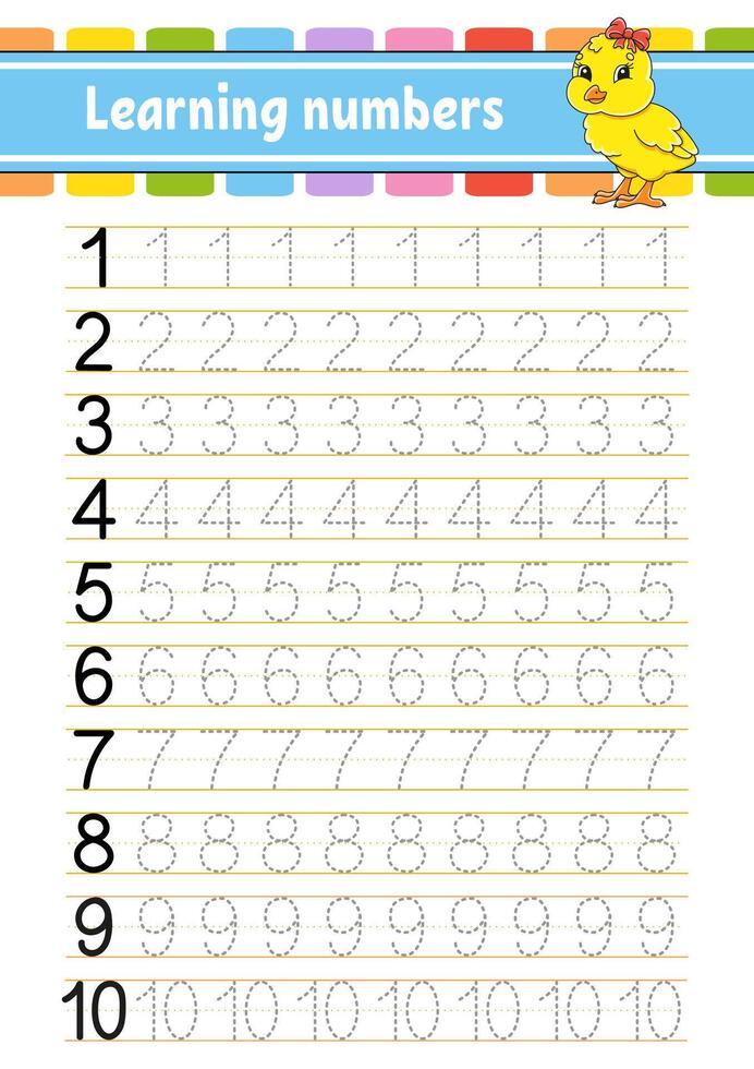 Trace and write numbers. Handwriting practice. Learning numbers for kids. Education developing worksheet. Activity page. illustration. vector