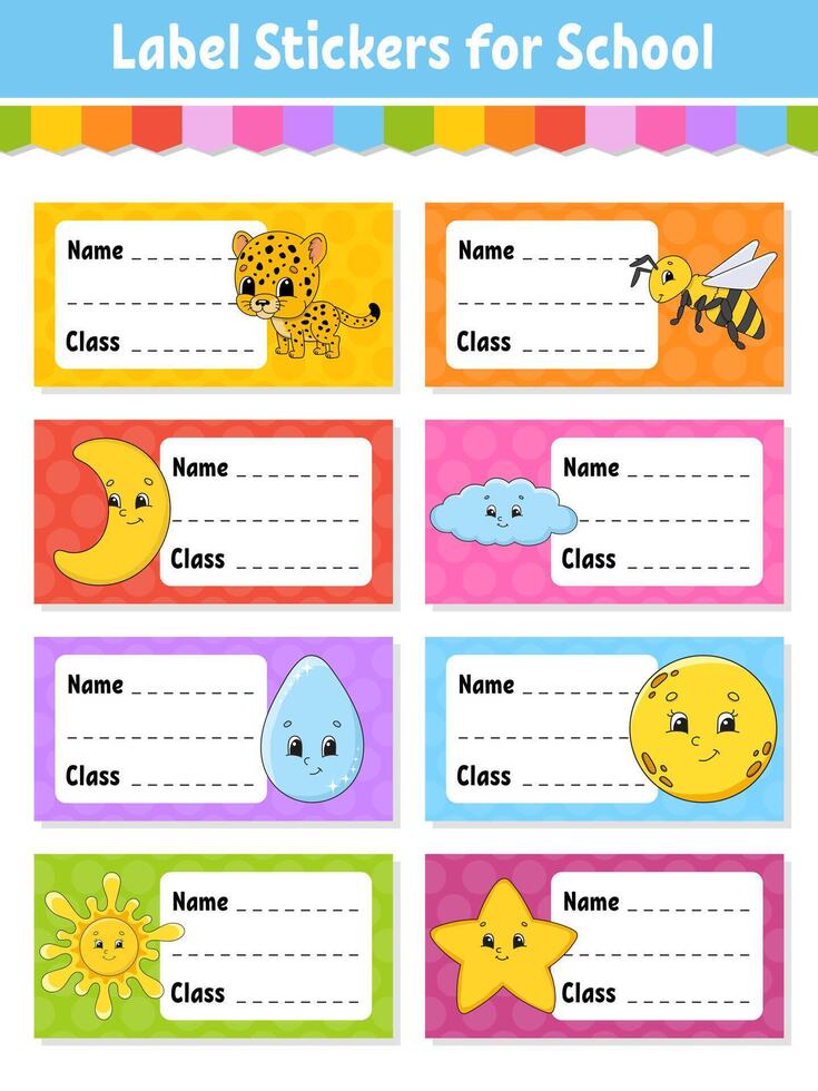 Name and class. Back to school labels. Set stickers for notebook. Bright stickers. Rectangular label. illustration. vector