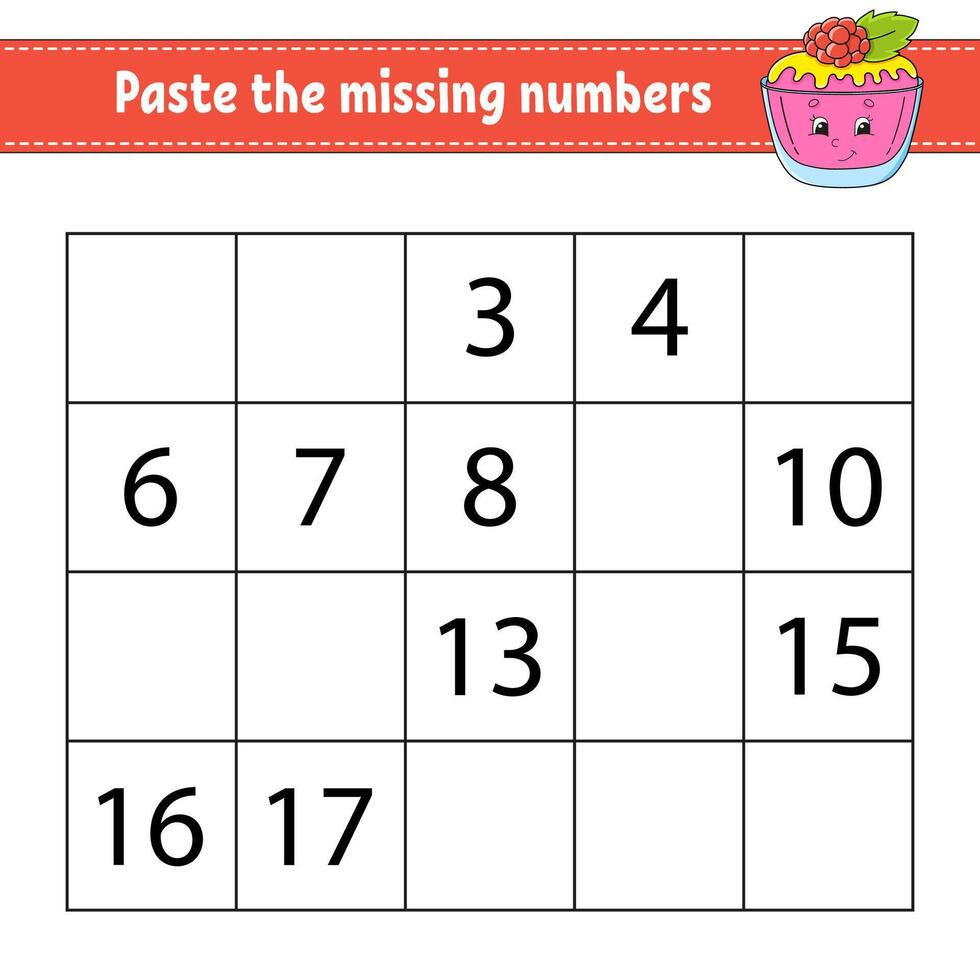 Paste the missing numbers 1-20. Game for children. Handwriting practice. Learning numbers for kids. Education developing worksheet. Activity page. illustration. vector