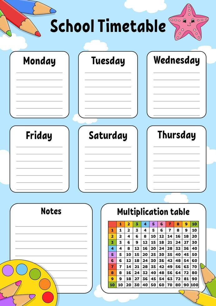 School timetable with multiplication table. For the education of children. Isolated on a white background. With a cute cartoon character. illustration. vector