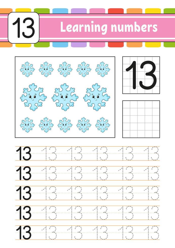 Trace and write numbers. Handwriting practice. Learning numbers for kids. Education developing worksheet. Activity page. illustration. vector