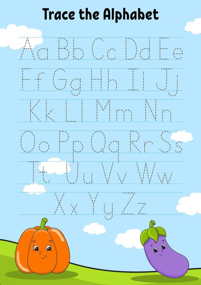 Writing letters. Tracing page. Practice sheet. Worksheet for kids. Learn alphabet. Cute character. Cartoon . illustration. vector