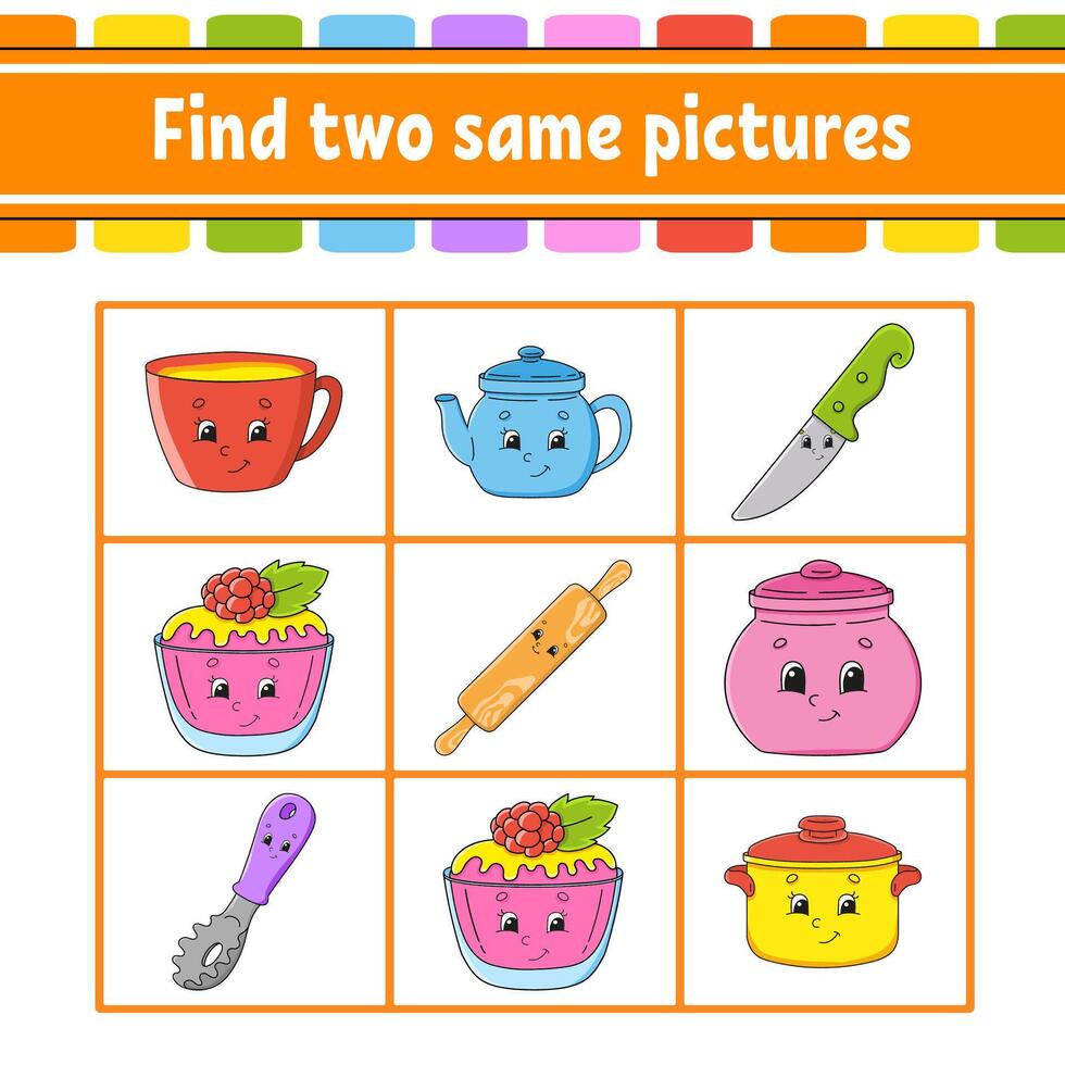 Find two same pictures. Task for kids. Education developing worksheet. Activity page. Color game for children. Funny character. Cartoon . illustration. vector