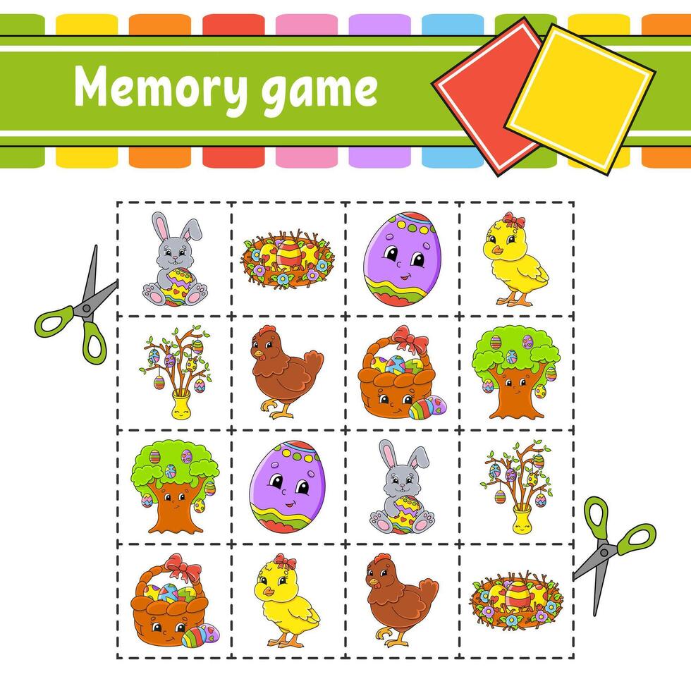 Memory game for kids. Education developing worksheet. Activity page with pictures. Puzzle game for children. Logical thinking training. Funny character. cartoon . illustration. vector
