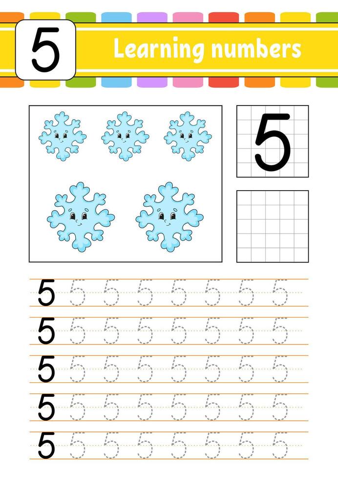 Trace and write numbers. Handwriting practice. Learning numbers for kids. Education developing worksheet. Activity page. illustration. vector