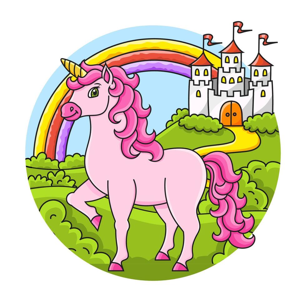 Cute unicorn. Magic fairy horse. Landscape with a beautiful castle. Cartoon character. Colorful illustration. Isolated on color background. Design element. vector