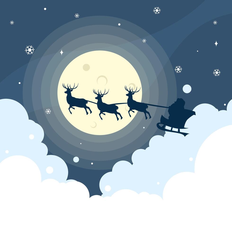 santa claus flying in his sleigh with reindeer in the night sky vector