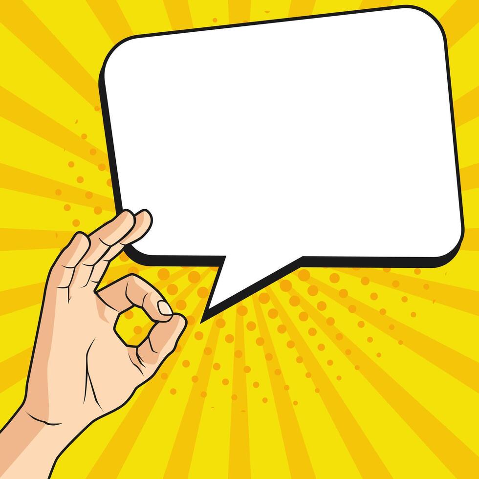 hand with speech bubble on yellow background vector