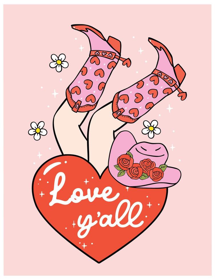 Cute Retro Groovy Western Valentine Cowboy boots and hat Howdy Love yall Hand Drawn Bold Design vector