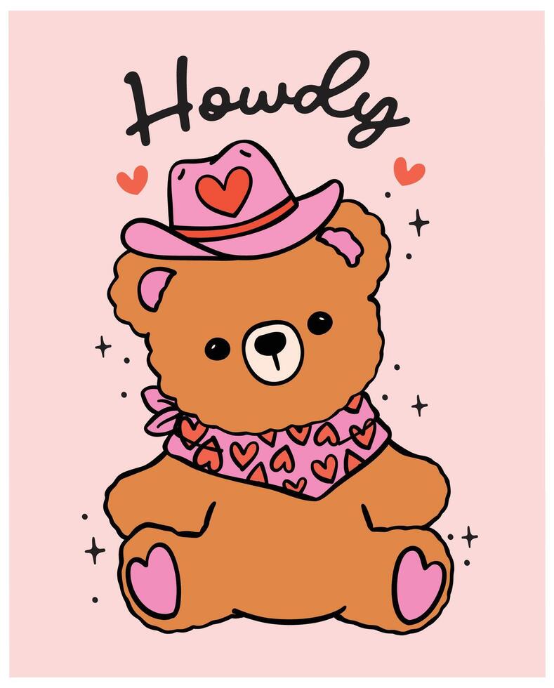 Cute Retro Red Cowboy Teddy Bear Western Valentine Howdy Hand Drawn Bold Design vector