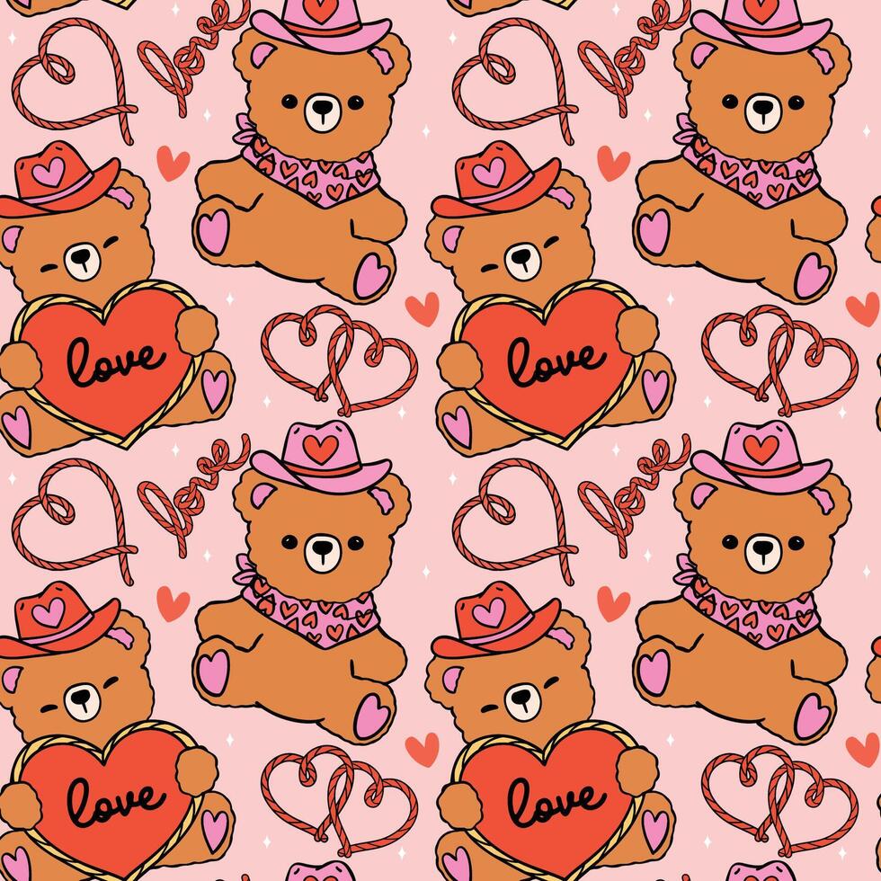 Retro Valentine Seamless Pattern Cowboy Teddy Bear with heart cartoon isolated on background vector