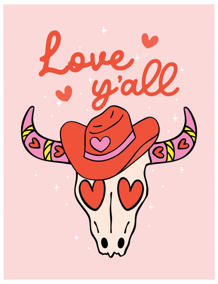 Cute Retro Groovy Western Valentine Cowboy Skull Bull Love yall Hand Drawn Bold Design vector