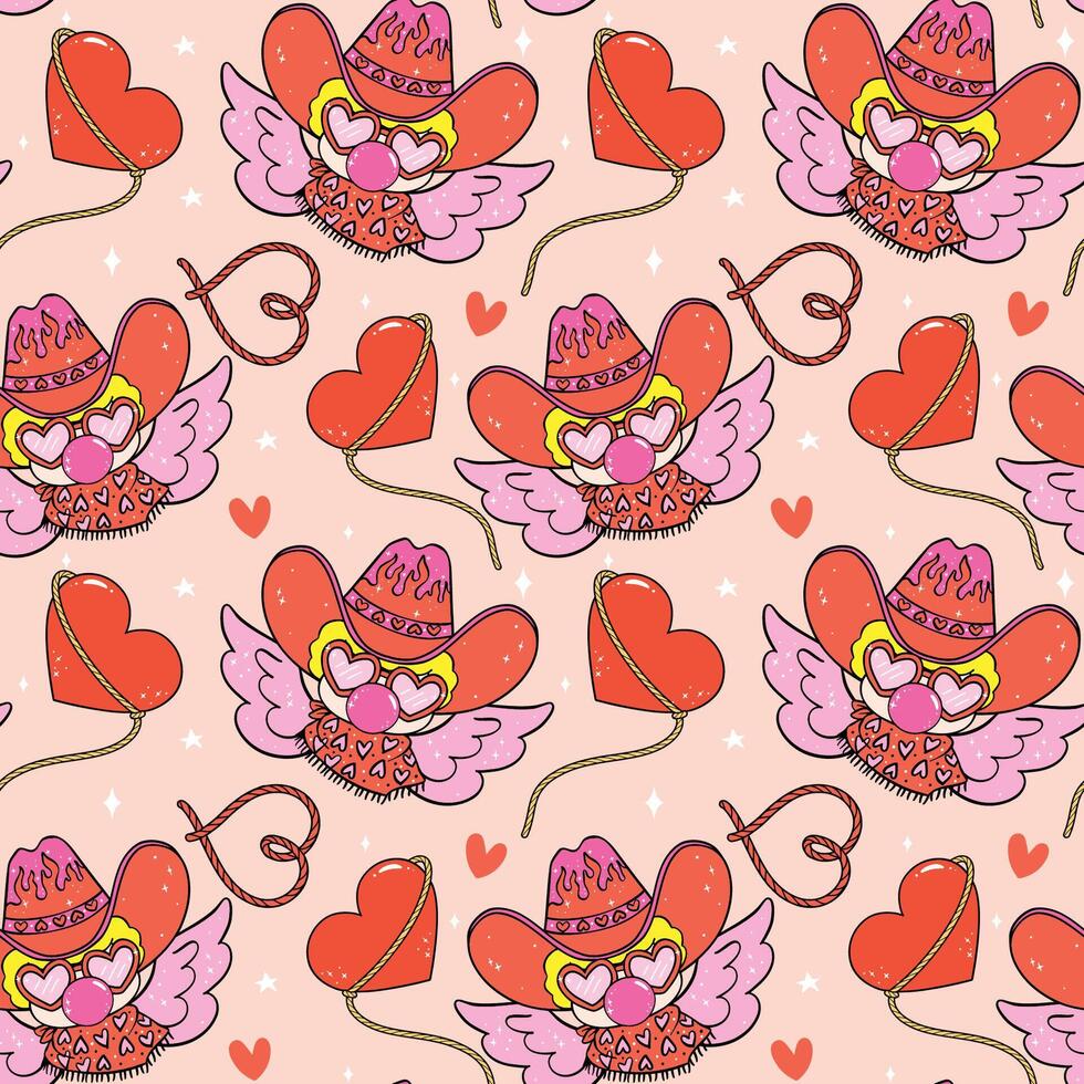Groovy Retro Valentine Seamless Pattern Cowboy Cupid Western cartoon isolated on background vector