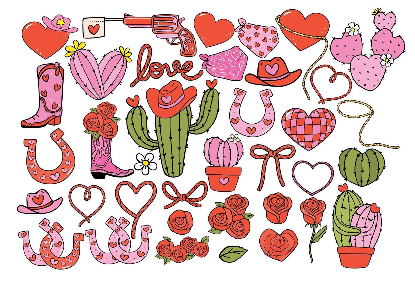 Retro Cowboy Western Valentine Symbolic Element Hand Drawn Bold Design collection vector
