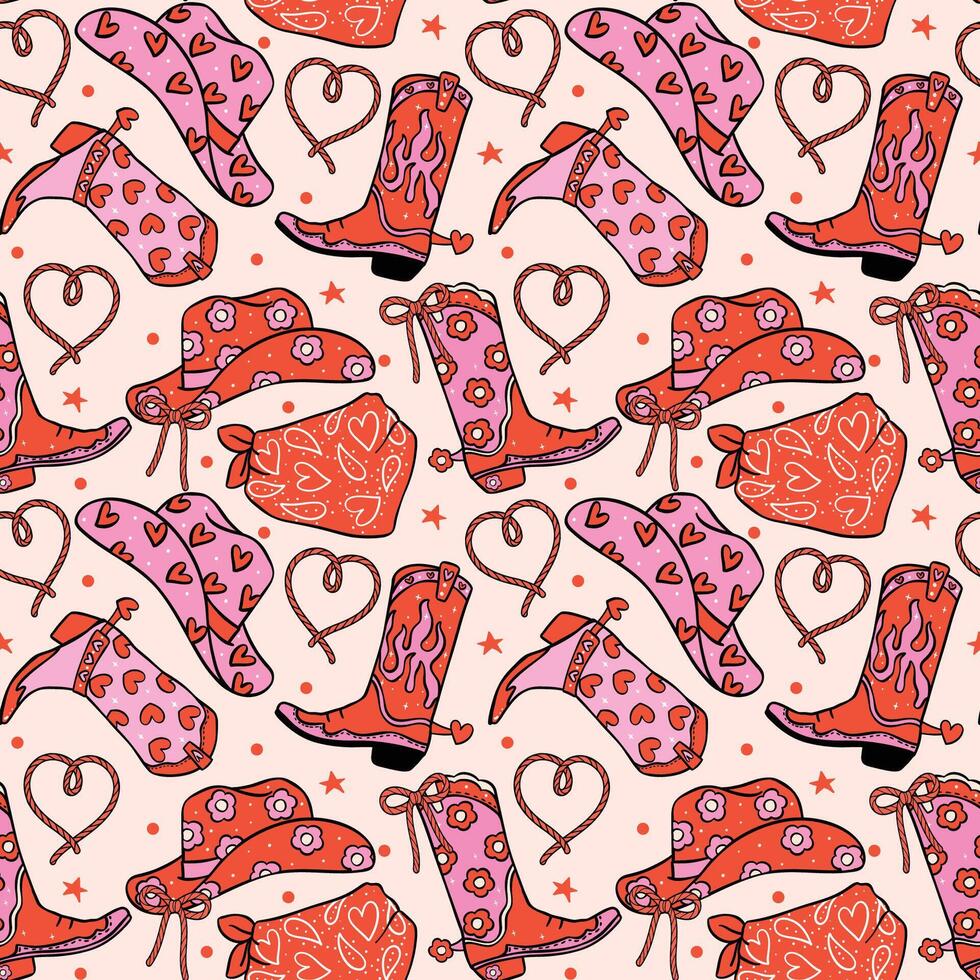Retro Valentine Seamless Pattern Girly Cowboy Hat and boots Cartoon isolated on background vector