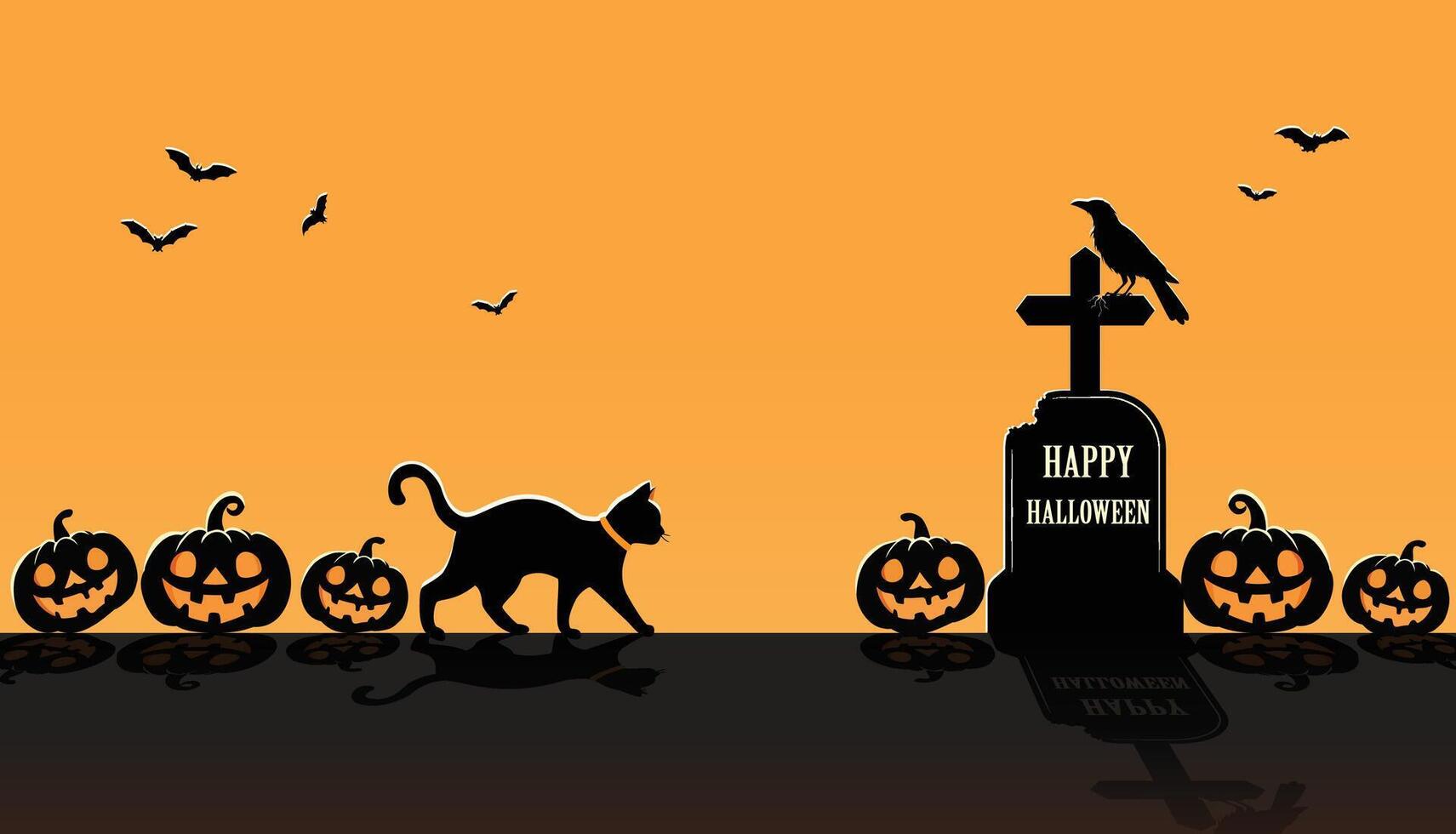 Spooky Halloween Night with Cat, Pumpkins, and Bats vector