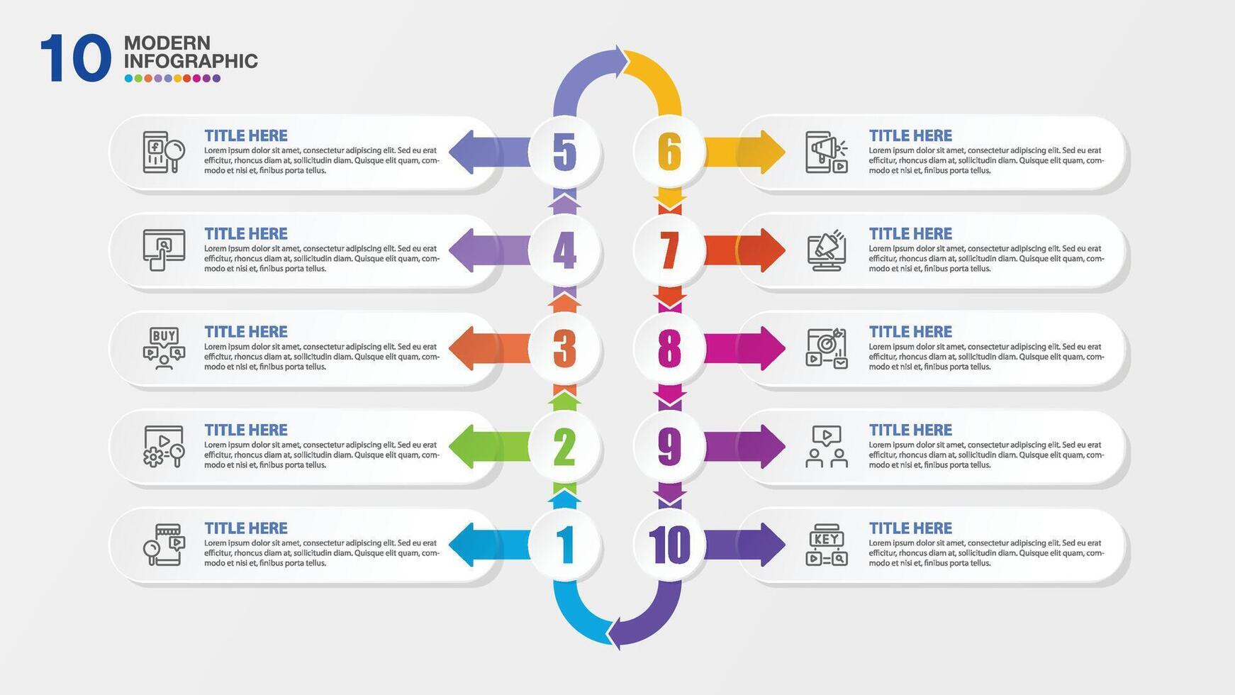 Modern infographic with 10 steps and business icons for presentation. vector