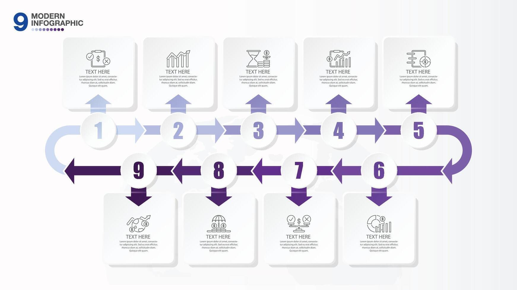 Modern infographic with 9 steps and business icons for presentation. vector