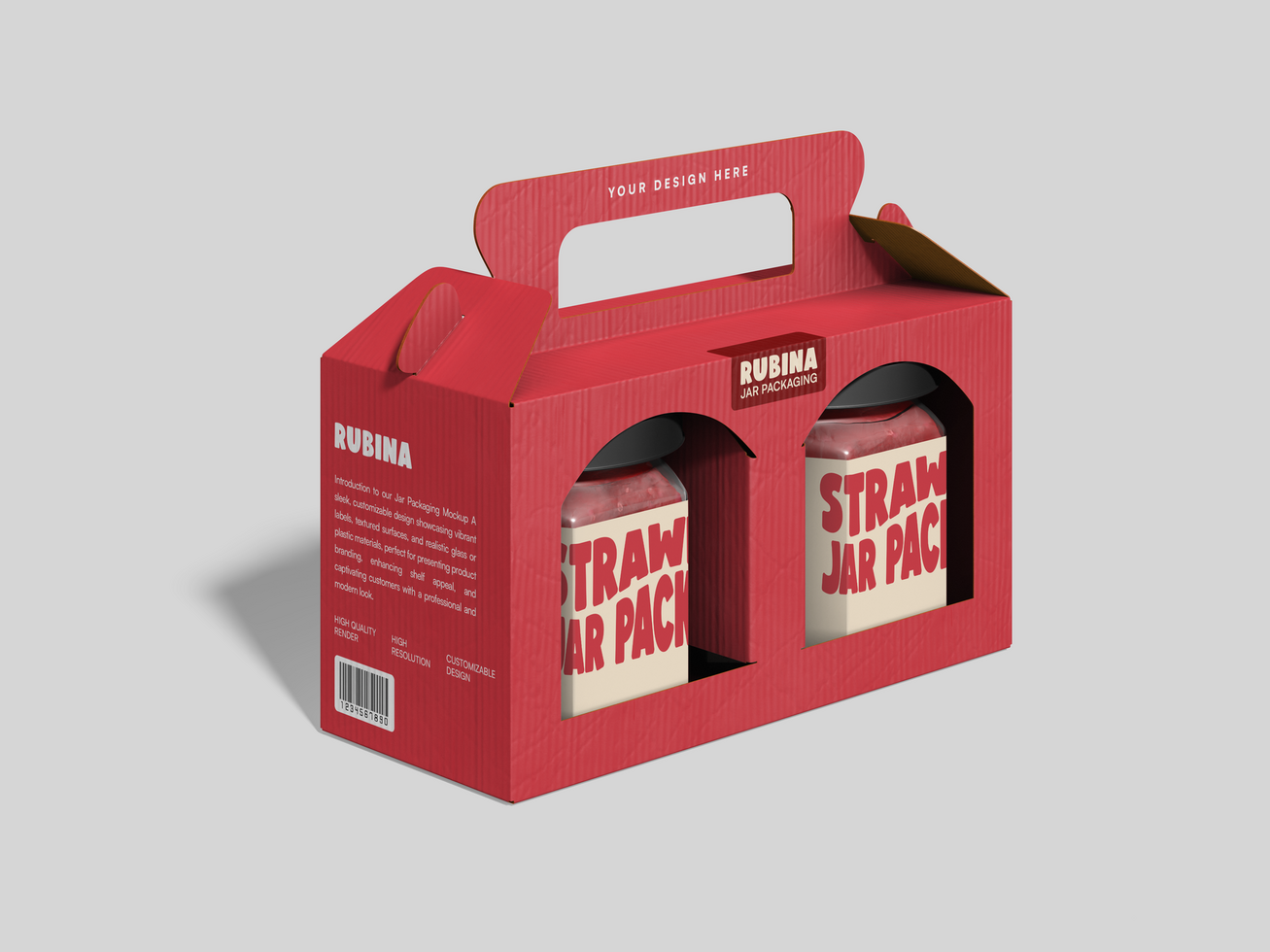 Strawberry Jam with Box Mockup 3D Render psd