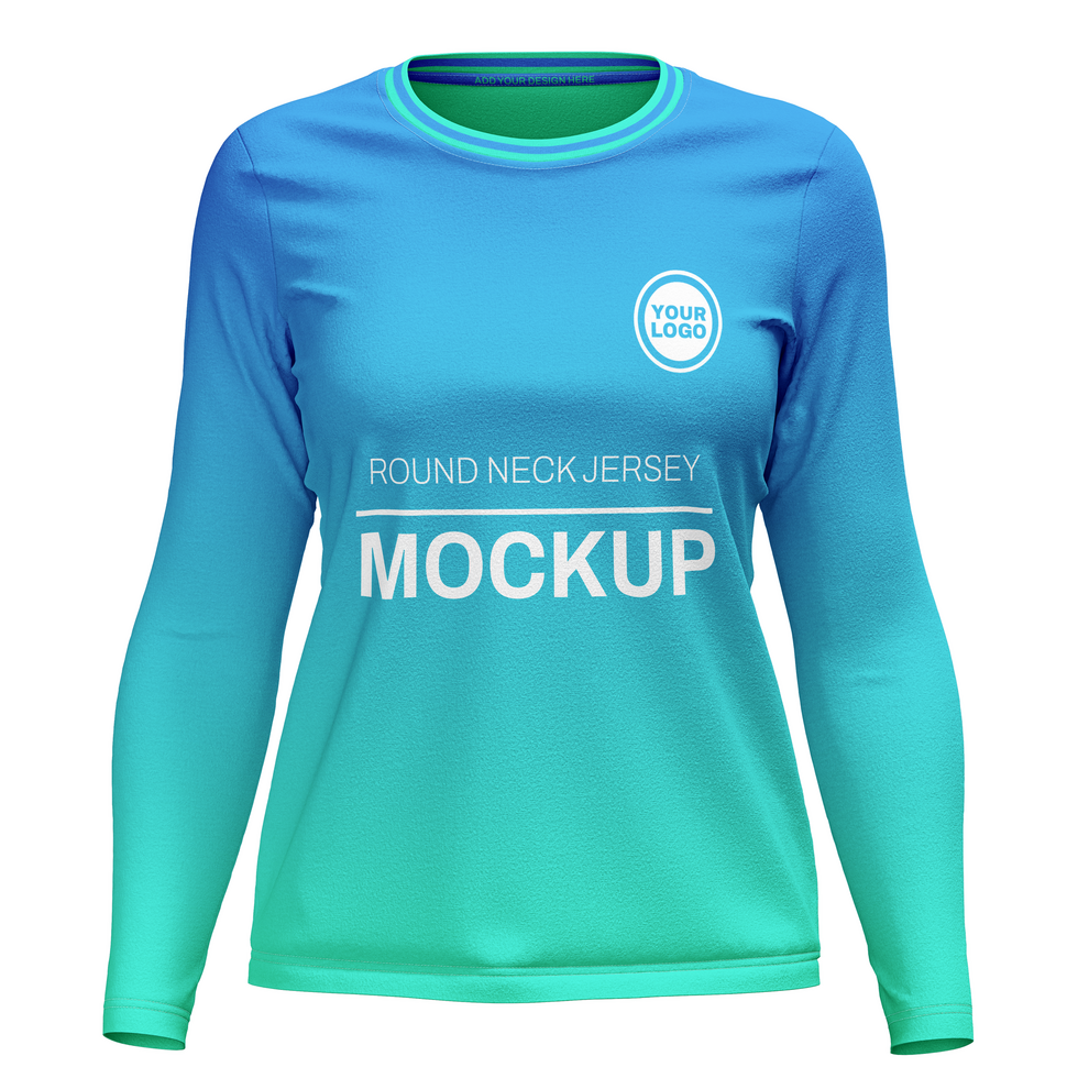 women round neck long sleeve tshirt jersey mockup front view psd