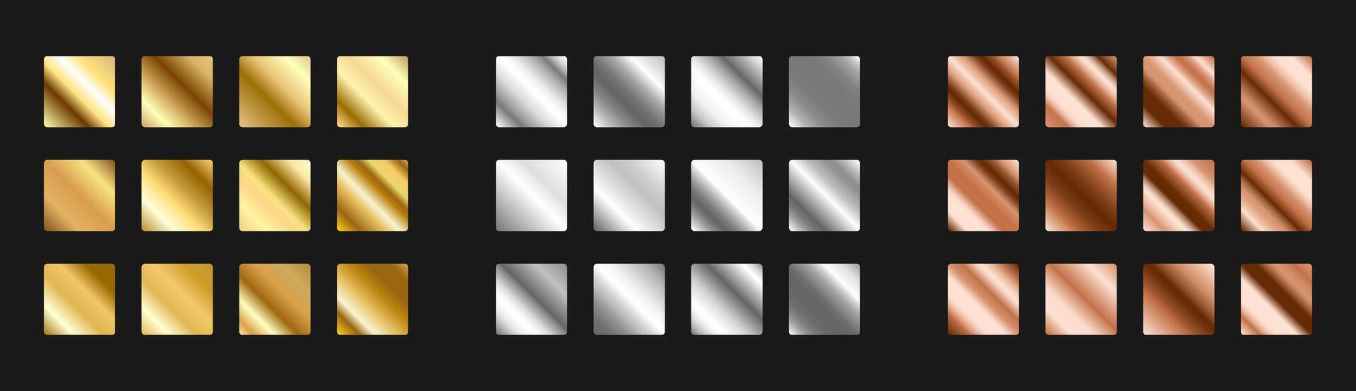 Gold, aluminium, copper template metal background set. Glossy design for frames, banners, ribbons and labels. illustration on black backdrop vector