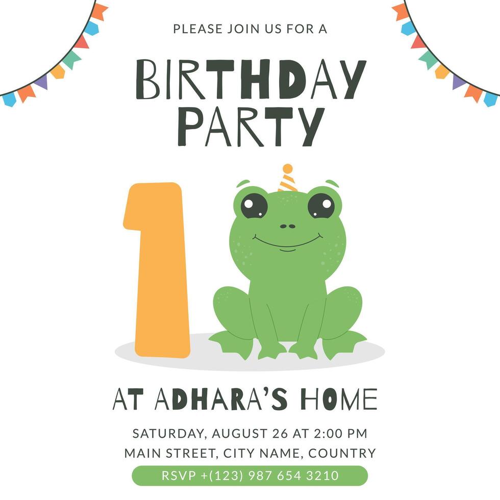 Greeting and invitation for kids first Birthday party. Cute baby frog and number 1 in flat childrens style. illustration, design for card, poster, event vector