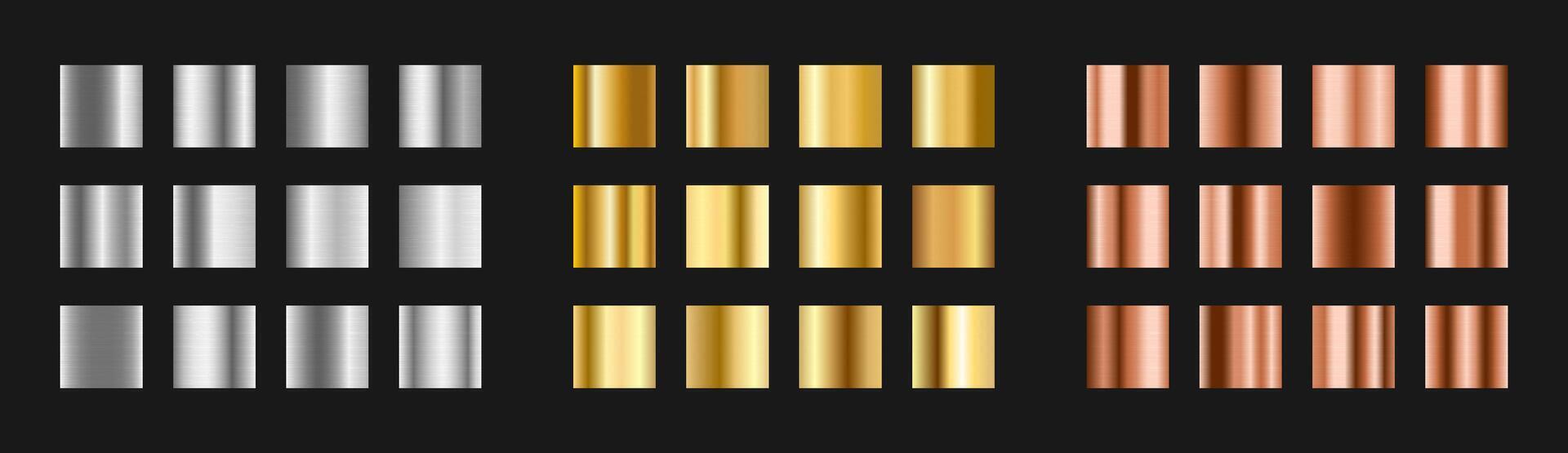Aluminium, golden, bronze metallic gradient set. Shiny template metal shape. Glossy design for frames, banners, ribbons and labels. illustration vector