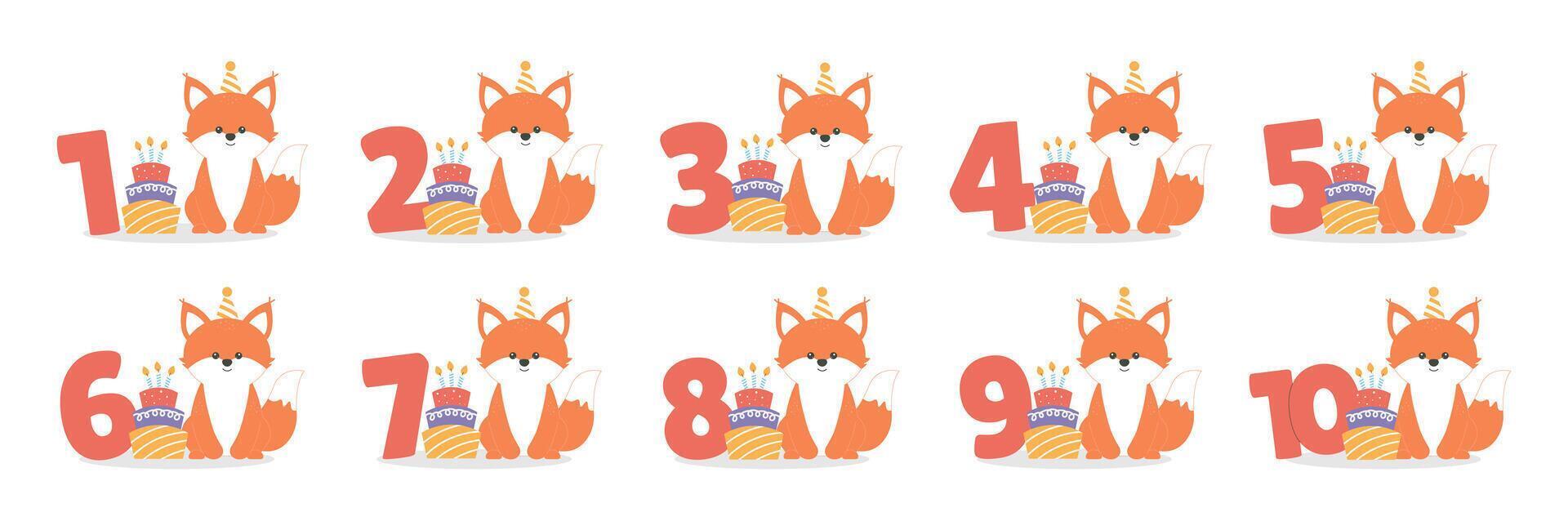 Numbers with cute fox character and cake set. Beautiful elements for Kids Birthday Party invitation, greeting card, poster, event, prints and cake toppers design vector