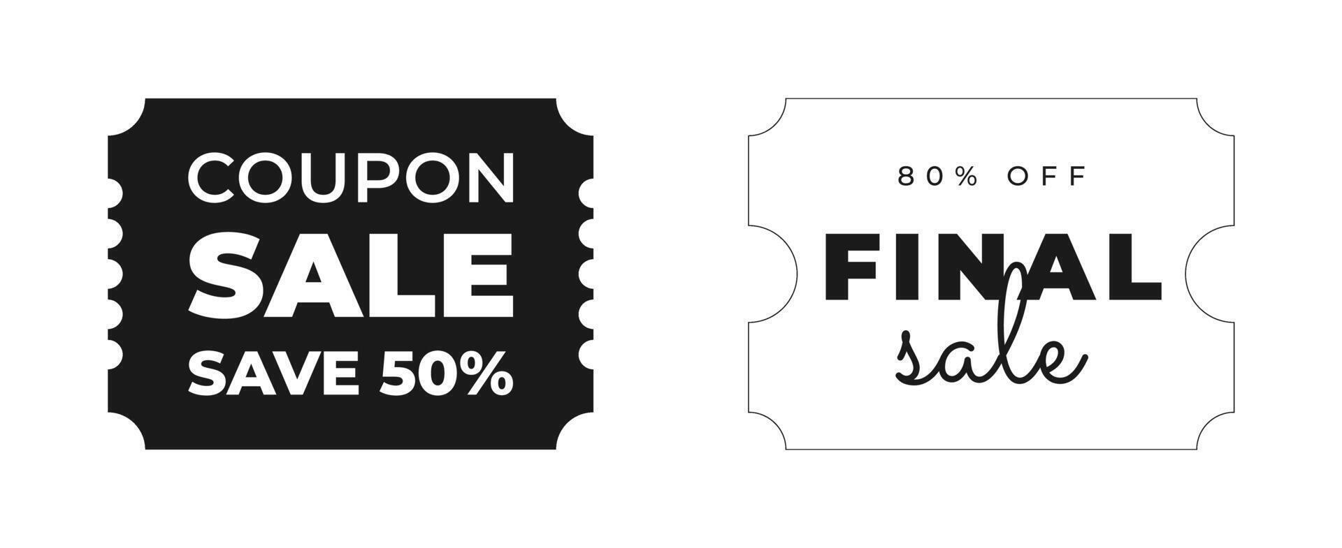 Set of discount, promotion coupon templates for special offer with sale text. Concept voucher for announcement, advertising. Black, white colors. illustration isolated on transparent background vector