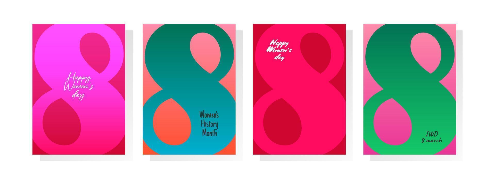 International happy Womens day. IWD 8 march. Womens history month. Set vertical posters and banners. Bright gradient colors. Flat illustration vector