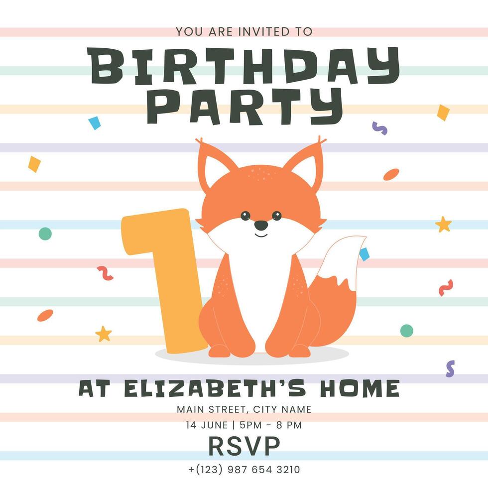Greeting and invitation for kids first Birthday party. Cute baby animal fox and number 1 in flat childrens style. illustration, design for card, poster, event, prints vector