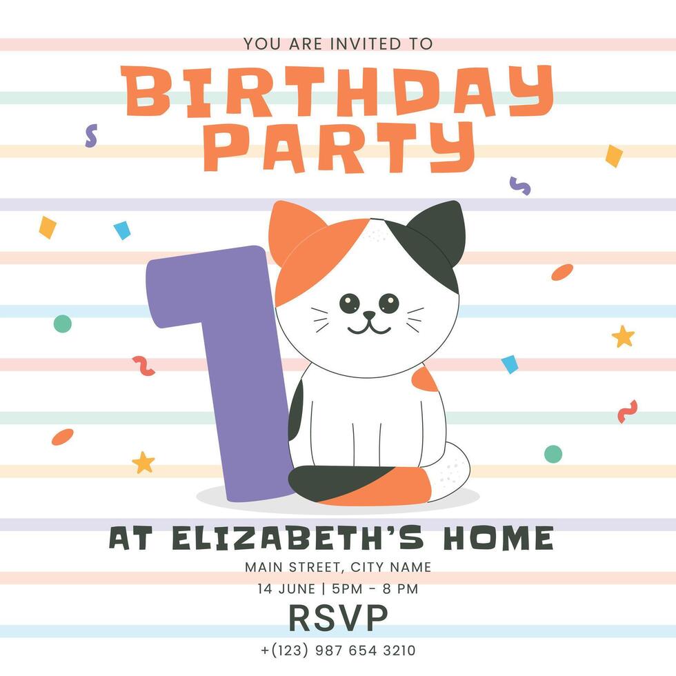 Greeting and invitation for kids first Birthday party. Cute baby animal cat and number 1 in flat childrens style. illustration, design for card, poster, event vector