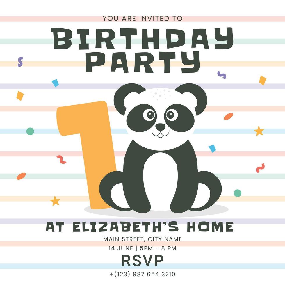 Greeting and invitation for first Birthday party. Cute baby animal panda and number one in flat childrens style. illustration, design for card, poster, event vector