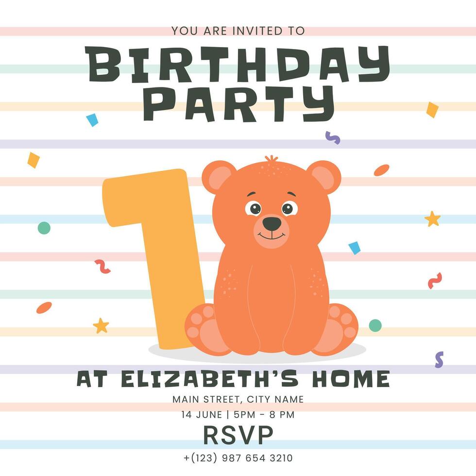 Greeting and invitation for kids first Birthday party. Cute baby bear and number one in flat childrens style. illustration, design for card, poster, event vector