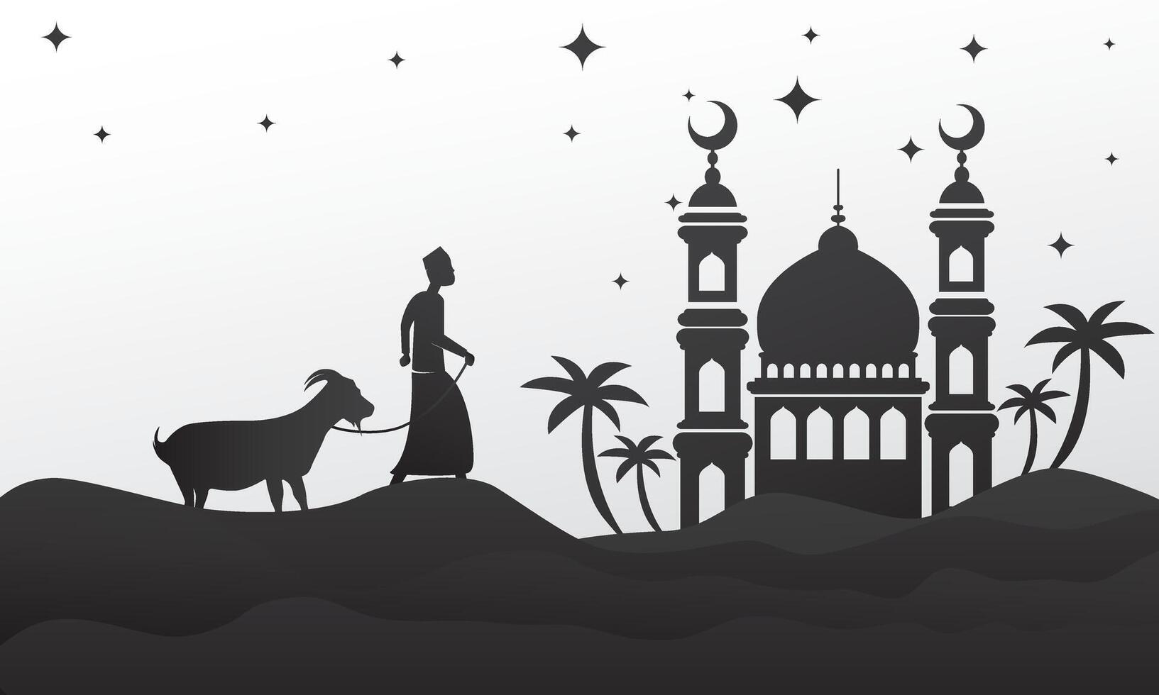 Islamic greeting card background with beautiful Ornaments of moon, mosque, goat silhouette icons vector