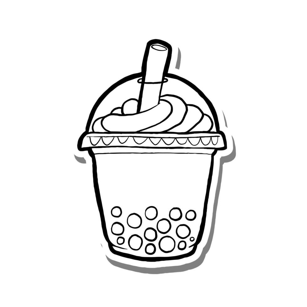 Black line Bubble Milk Tea with Cream on white silhouette and gray shadow. Hand drawn cartoon style. illustration for decorate and any design. vector