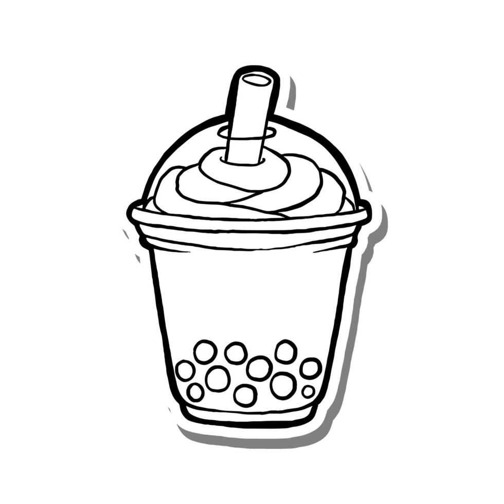 Black line Bubble Milk Tea on white silhouette and gray shadow. Hand drawn cartoon style. illustration for decorate and any design. vector