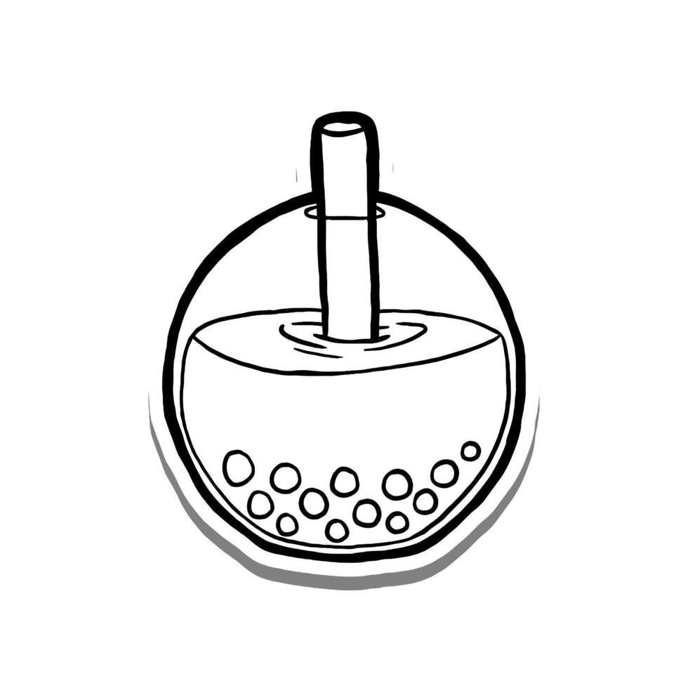 Black line Bubble Milk Tea with Round Cup on white silhouette and gray shadow. Hand drawn cartoon style. illustration for decorate and any design. vector