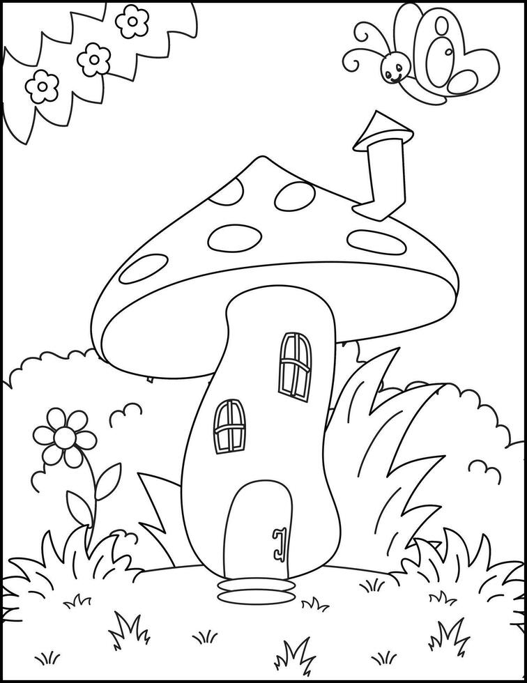 Mushroom house coloring page for kid illustration vector