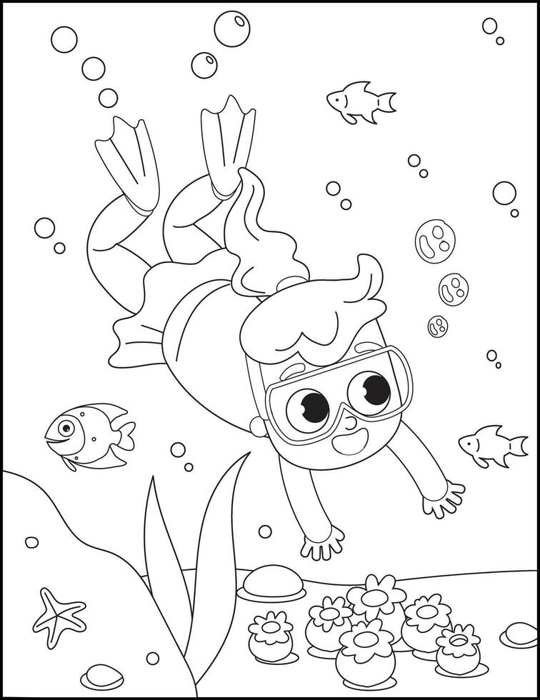 Boy and dog diving coloring page for children vector