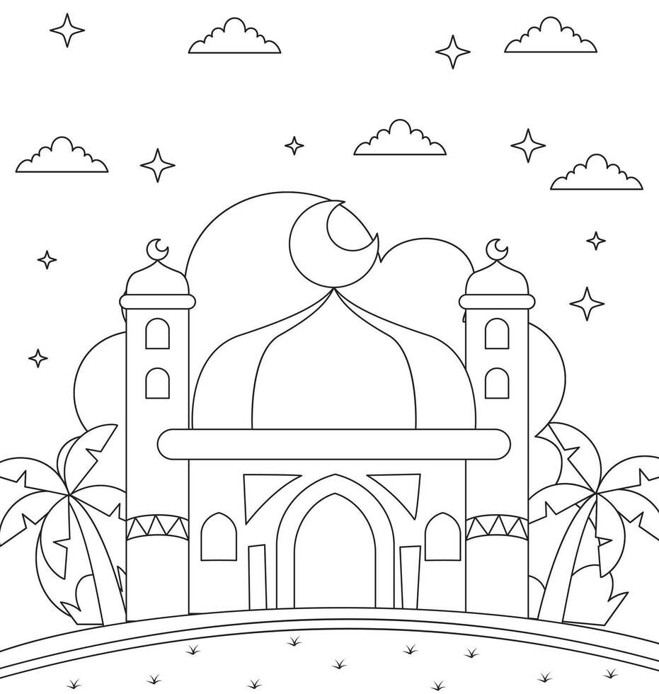 Ramadan coloring page Hand drawn Islamic mosque outline kids coloring page vector