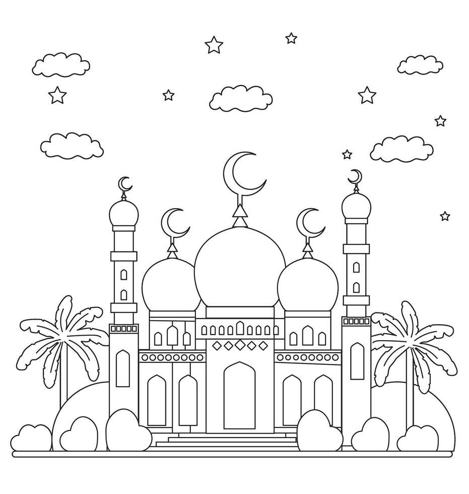 Mosque coloring page for Muslim kids' activity Ramadan coloring page vector