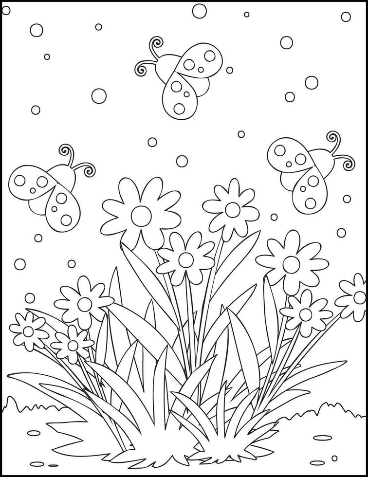 Butterfly flower coloring graphic black white coloring page for kids vector